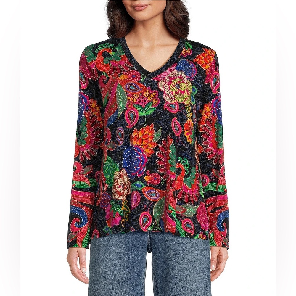JOHNNY WAS Janie Favorite Exotic Floral V-Neck Long Sleeve Shirt Size S